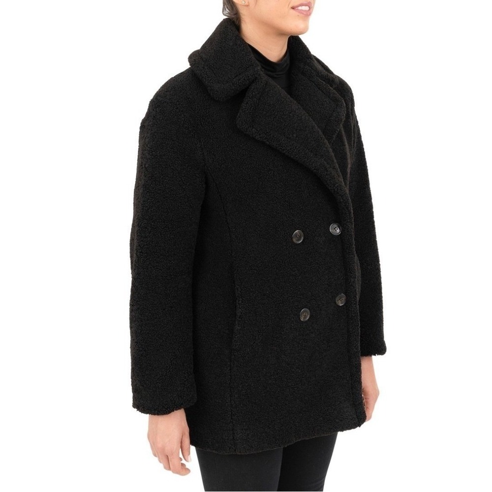 Kensie Womens Black‎ Faux Fur Teddy Coat Double Breasted Pockets Warm Winter NEW - Picture 6 of 16